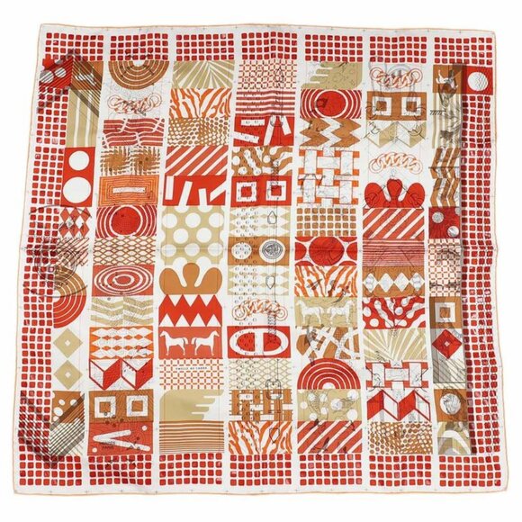 Hermes Carre 90 Twilly Au Bloc List Vernis Scarf Red Orange All Over